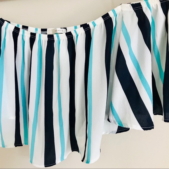 Navy/Mint Striped Off-the-shoulder Crop Top - Picture 3 of 5